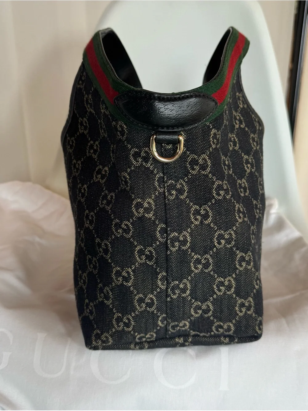 Gucci Black Denim Giglio Canvas Tote with Green-Red Stripe - Picture 4 of 11